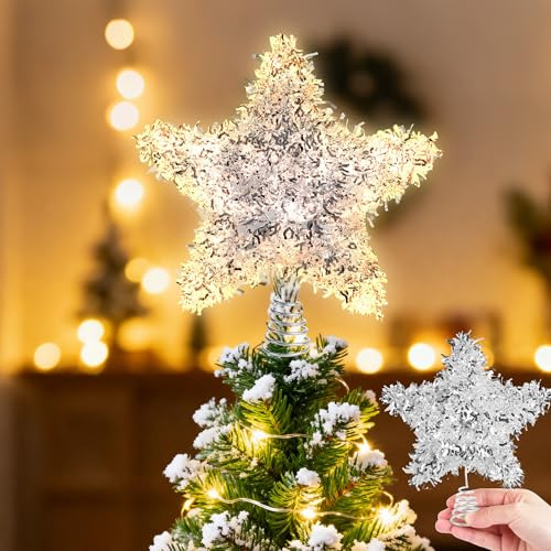 Joytry Weihnachtsbaumspitze Stern, Funkelnder Lametta-Stern für die Weihnachtsbaumdekoration, 6 Zoll Silberne Baumspitzensterne für Kleine Tischbäume Batteriebetriebener Baumstern