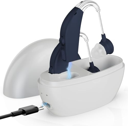 Rechargeable Digital Sound Amplifiers (Pair) - Behind-the-Ear Audio Enhancers with Smart Noise Reduction, One-Touch Volume Control & All-Day Battery Life - Dark Blue