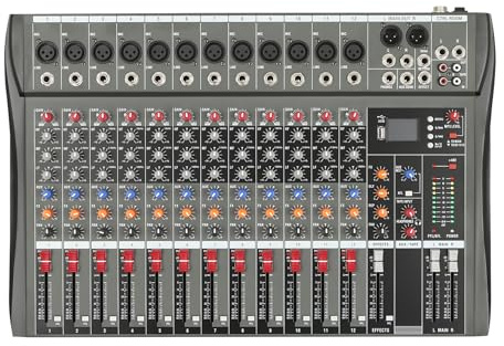 12 Channel Audio Mixer, Sound Mixing Console, DJ Mixer with USB interface, 48V phantom power, RCA Input Output, for Home KTV, Stage Performance, Recording Studio