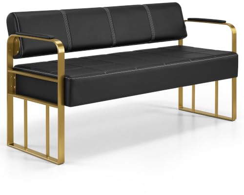 Barberpub 3-Sitzer Sitzbank mit Goldenen Armlehnen, Polsterbank mit Rückenlehne, Sitzbreite 144cm, Wartebank Friseur, Wohnzimmerbank, Friseureinrichtung W528 (Schwarz-Gold/Kunstleder)