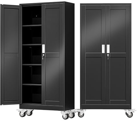 AUEYTVR 71 Tall Metal Garage Storage Cabinet with Wheels and Locking Doors and Tall Rolling Steel Tool Cabinet with 4 Adjustable Shelves for Garage,Home,Office,Shop (Black)