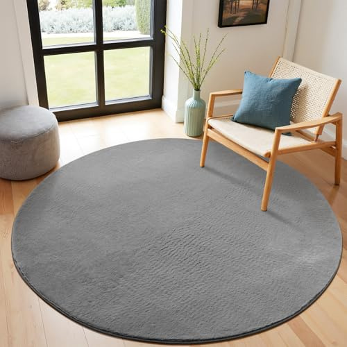 SHACOS Grau Teppich Rund 100 cm Fellteppich Kunstfell Teppich Flauschig Weicher Wohnzimmerteppich Waschbar Teppiche Anti-Rutsch-Rückseite, Felloptik, Für Fußbodenheizung geeignet