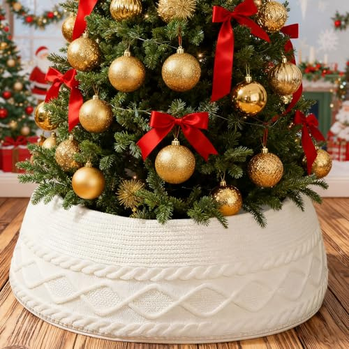 Weihnachtsbaum Deko Weiß Weihnachtsbaumständer Abdeckung, Weihnachtsbaum Rock, Geflochtener Korb für Tannenbaum, Abdeckung Christbaumständer, Weihnachtsdeko Aesthetic, Rund Weihnachtsbaumrock