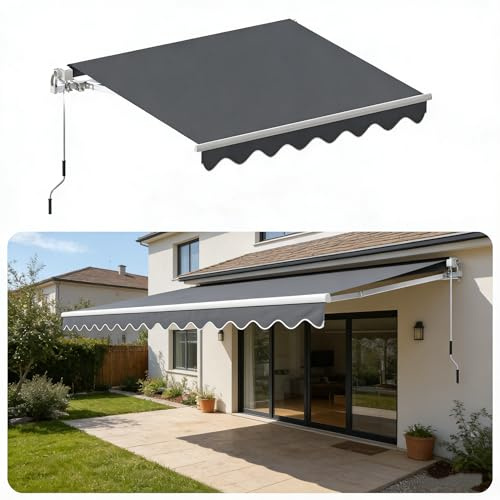 Ferzone Store Banne Manuel 300x250cm et Angle Réglable en Aluminium, Auvent de Terrasse Rétractable aux UV/Vent/Eau et Tissu Résistant, Stores Exterieur avec Manivelle pour Patio Balcon, Gris Foncé