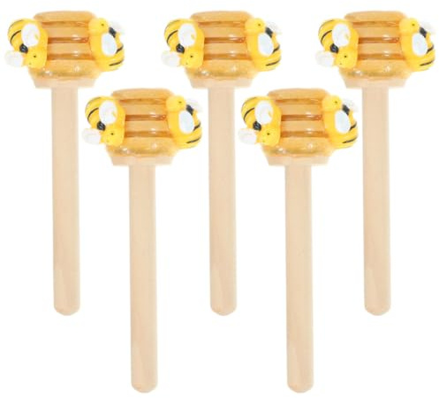 CALLARON 5pcs Honey Dipper Decorative Sticks with Bee and Fake Honey, Portable Wooden and Abs Tiered Tray Decor Set for Party and DIY Handcrafts, Bright Colours and Lovely Shape