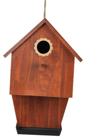 Casa para pájaros silvestres con bandeja de comedero, refugio de madera para pájaros, lazo de cuerda, entrada circular, detalle de perca, uso en patio al aire libre y colocación de árboles, casa de