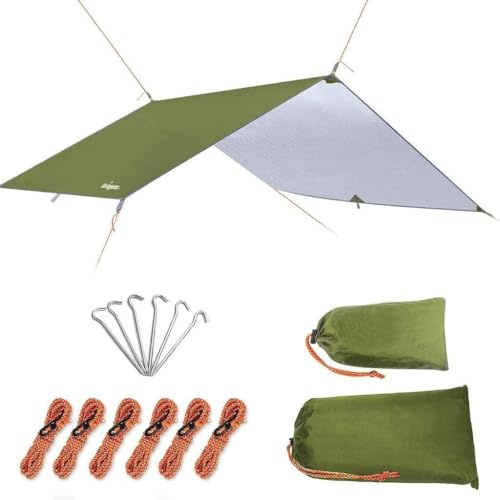 Unigear presenning, presenning för hängmatta, vattentät med öglor + 6 pinnar + 6 rep, regnskydd solskydd för vårdörr camping MULTI-WAY (grön-300 x 300 cm)