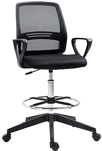 Vinsetto Drafting Chair, Ergonomic Tall Office Chair with Mesh Back, Lumbar Support, Adjustable Height and Foot Ring, Swivel Wheels, for Standing Desk, Black