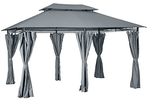 Outsunny 4m x 3(m) Garden Gazebo, Double Roof Outdoor Gazebo Canopy Shelter with Curtains, Solid Steel Frame for Patio, Garden, Grey