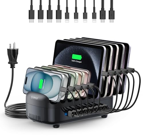 ORICO 120W Charging Station for Multiple Devices, 10 USB Fast Ports with 10 Short Mixed Cables, Charging Stand Organizer for Cell Phones, Smart Phones, Tablets, iWatch, Airpods - DUK - Black