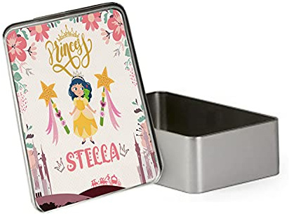 Giftme Personalised Magically Stars Crown Castle Floral Girl Princess ANY NAME Kids BACK TO SCHOOL Portable Metal Tin Storage Box Biscuit Chocolate Tin Emergency Stuff Tin. (Rectangular)