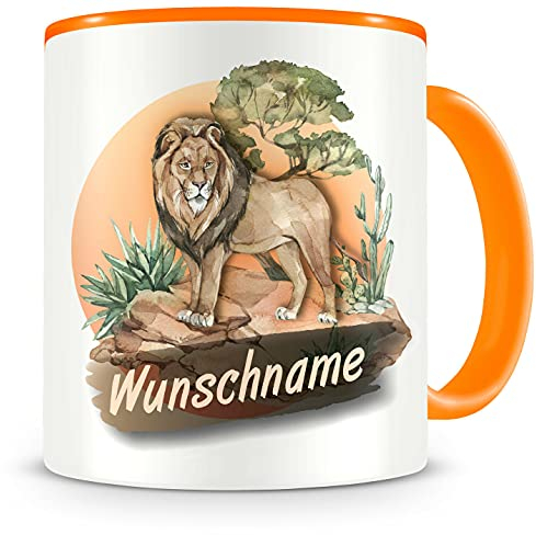 Samunshi® Kindertasse mit Namen Tasse Löwe Personalisierte Tasse mit Namen Kinder Kinderbecher personalisierter Text Wunschtext Kindergarten orange 300ml