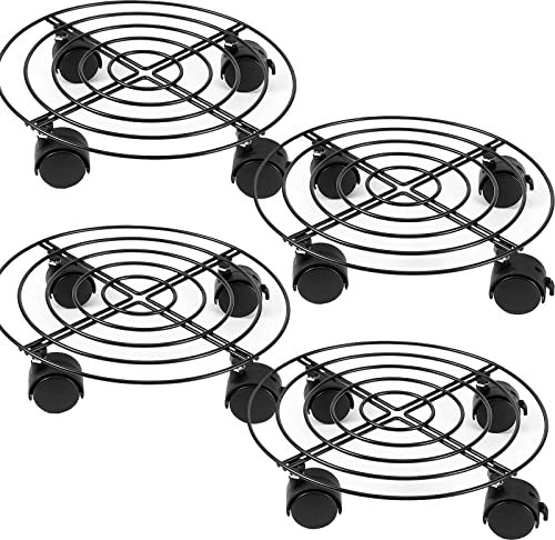 ZOENHOU 4 Pack 10.6 Inch 27cm Metal Plant Caddy with Wheels, Round Garden Flower Dolly Movable Wheels Rolling Stand Trolley for Planter Pot Indoor Outdoor Home, Black