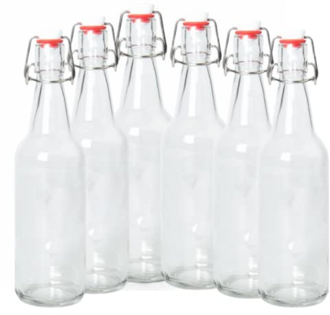 ICE N COLD | Pack of 6 Clear 16-20oz Growler with Flip Top Airtight Silicone Seal | For Beverages, Oil, Vinegar, Kombucha, Beer, Water, Soda, Kefir