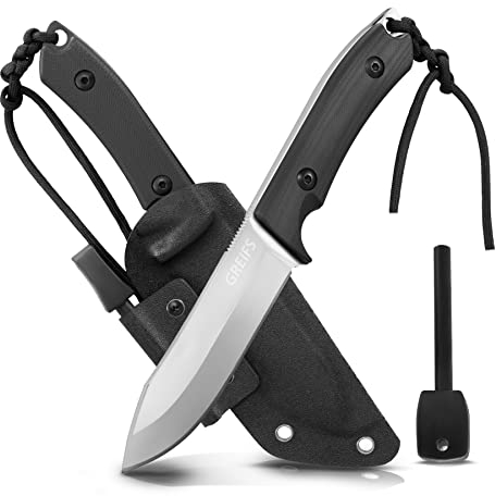 GREIFS® Outdoor-Messer aus D2 Stahl mit Kydex Holster und Feuerstahl, edles Survival Messer für die Bushcraft Ausrüstung, Jagdmesser, Schnitzmesser, Fahrtenmesser (Milan/Silber-Schwarz)