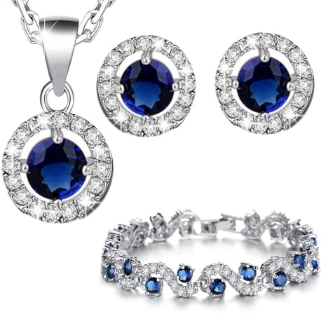 Crystalline Azuria Femme Ensemble Collier Clous Boucles d'Oreilles et Bracelet 18ct Plaqué Or Blanc avec Cristaux Bleu imitation Saphir en Zircone