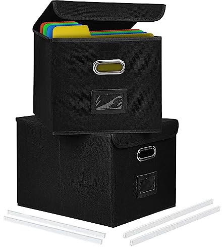 Okydoky Tragbare Aktenbox mit Deckel, faltbare Leinen-Aufbewahrungsboxen zum Aufhängen mit Kunststoffrutsche, dekoratives Füllsystem für Zuhause/Büro für Akten und Ordner (BK, 2p, L)