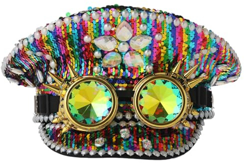 COSDREAMER Damen Burning Man Pailletten Hut Festival Military Captain Hüte mit Brille
