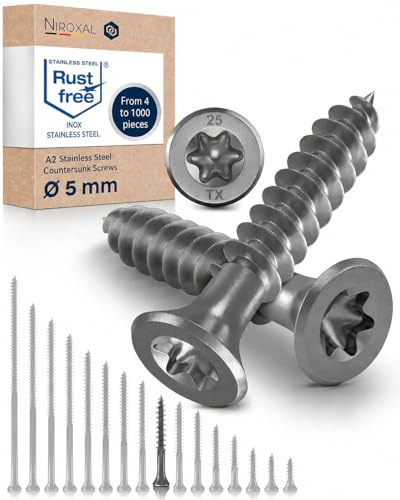 Tornillos para madera de acero inoxidable A2 con cabeza avellanada Torx TX25 – Rosca parcial – 5 x 50 mm – 800 unidades – Tornillos universales para madera