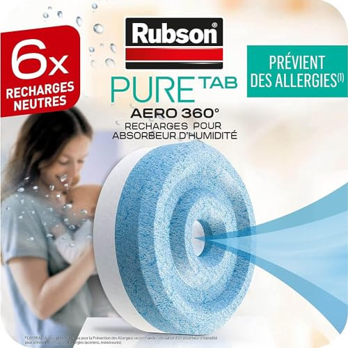 Rubson | Recharges Absorbeur d'Humidité Aero 360° Pure Tab (6 x 450 g) – Recharges anti-humidité & anti-odeur pour déshumidificateur – Purificateur d'air pour lutter contre les allergies