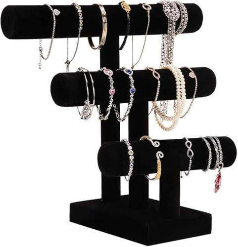 powerking 3 Etagen T-Form Armbandhalter, Abnehmbare Armband Schmuckhalter Armbänder Display, Vintage Armbandständer Uhrenständer Aufbewahrung für Armreifen Haarklammern Uhren (3 Lagen Hoch Schwarz)
