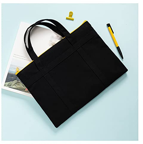 Yurosiay A4 Dokumententasche Damen Tragbare Aktentasche A4 Stoff Dokumententasche Mit Reißverschluss Hand Informationstasche Leinwand Dokumentenmappe Dokument Organiser für Büro Schule Schwarz