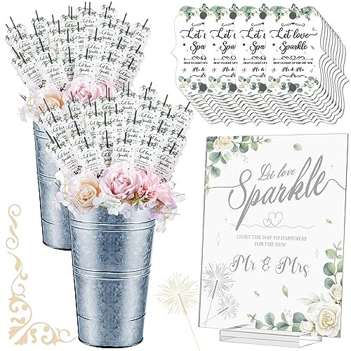 Henoyso Greenery Hochzeits-Wunderkerzen-Set beinhaltet 150 Wunderkerzen-Anhänger, 1 Acryl-Hochzeitsschild mit Ständer, 2 verzinkte Metalleimer für Tischdekoration, Party-Dekorationen (Silber)