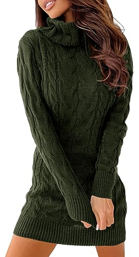 Langwyqu Womens Cable Knit Sweater Dress Sexy Long Sleeve Bodycon Turtleneck Mini Fall Sweaters Dresses Army Green