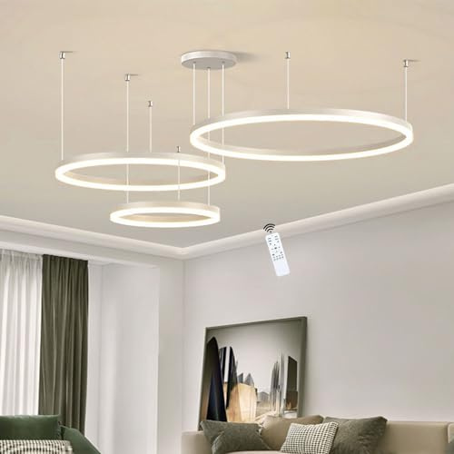 LIUYU Pendelleuchte 3 Ringe Weiß dimmbar 20/40/60cm 75W | LED Pendelleuchte, 3 Ringe, gleichmäßiges Licht. Farbtemp. & Höhe (120 cm) einstellbar, Memory, Alu-Acryl