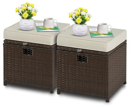 YIYAN 2 pouf da esterno in rattan sintetico, poggiapiedi con contenitore per tutte le condizioni atmosferiche, poggiapiedi con cuscino rimovibile (bianco)