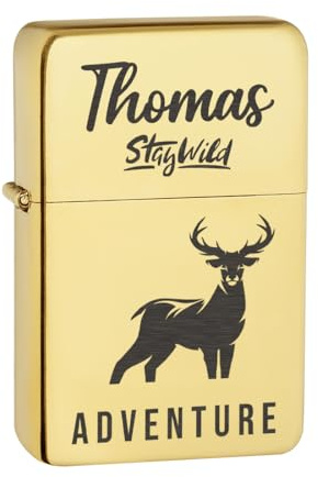 Sturmfeuerzeug in Gold mit personalisierter Gravur - Geschenke für Männer zum Geburtstag und Weihnachten - Outdoor Feuerzeug für Camping und Jagd