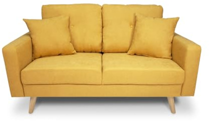 Divano 2 posti con piedi in legno mod. Cloe (Tessuto vellutato, Giallo)