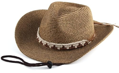 RUIXIA Cowboy Straw Hat for Women Wide Brim Sun Hat Boho Western Summer Beach Cap with UPF Sun Protection Floppy Cowgirl Cap Classic Panama Visor Light Coffee