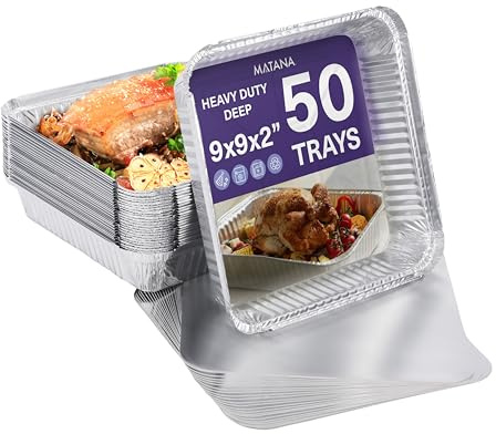 MATANA 50 Aluminium Foil Trays with Lids – 23×23 cm (1300 ml) | Heavy-Duty Roasting & Baking Pans – Sturdy, Disposable or Reusable Food Containers, Oven & Freezer Safe