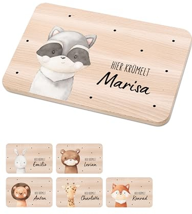 Bärenfreunde - Individuelles Holzbrett mit hochwertigem Spezial-Druck für Kinder - Personalisiertes Frühstücksbrettchen - Niedliche Motiv-Brettchen mit Namen (Waschbär)