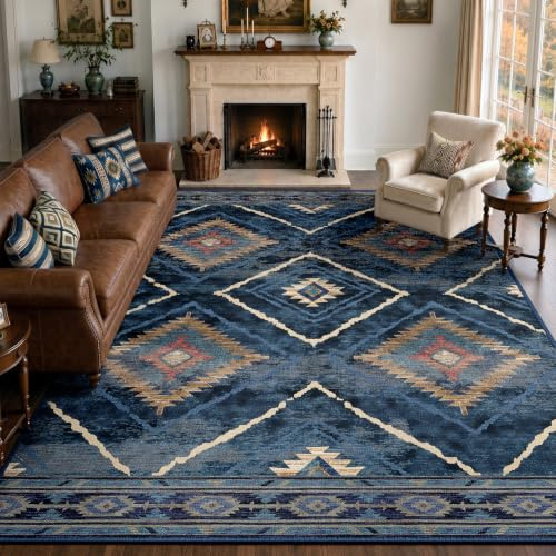 DEFYNEE Teppich Wohnzimmer 240 x 300 cm, Waschbar Teppiche Groß, Dunkelblau | Vintage Wohnzimmerteppich, waschbarer, OEKO, Retro, Rutschfest Kurzflor Weich für Schlafzimmer, Esszimmer, Küche, Büro