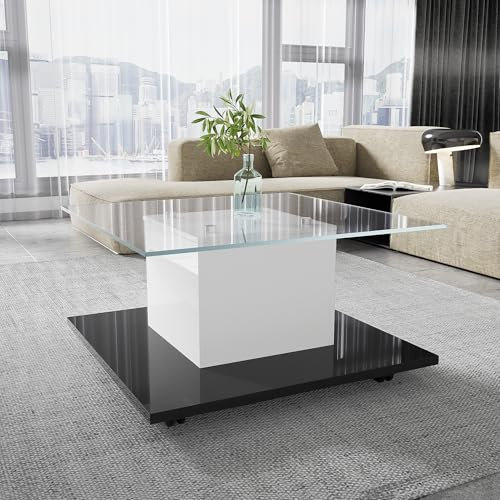 Moimhear Mesa de centro, moderna mesa de café de cristal brillante, blanco y negro, 80 x 80 x 40 cm