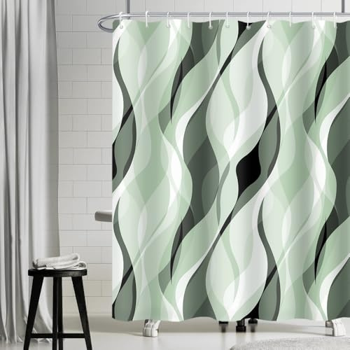 Uiiooazy Duschvorhang 180x200cm Anti Schimmel Gestreift Salbeigrün Gradient | Duschvorhang Grau Schwarz Streifen Gemustert Wasserdicht Stoff Polyester Waschbar Bad Vorhang mit 12 Haken für Badezimmer