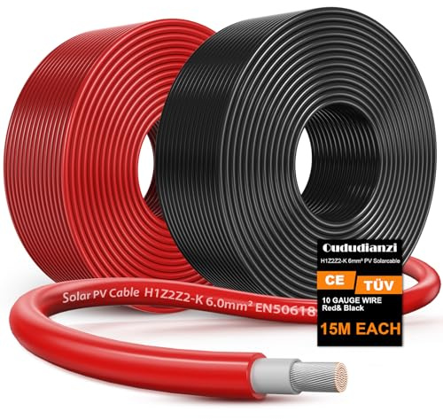 Oududianzi Cable Solar 6mm²/4mm² 15m, H1Z2Z2-K Cabo Placa Solar 10/15/20/30/50m, Cable Fotovoltaico Para Paneles Solares, Inversor y Regulador de carga (6mm² 2x15m)