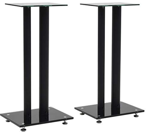 Gecheer Support Haut-Parleur Lot de 2 Verre Trempé Design 2 colonnes Noir, Paire de Pieds d'Enceintes, Support D'enceinte Universel