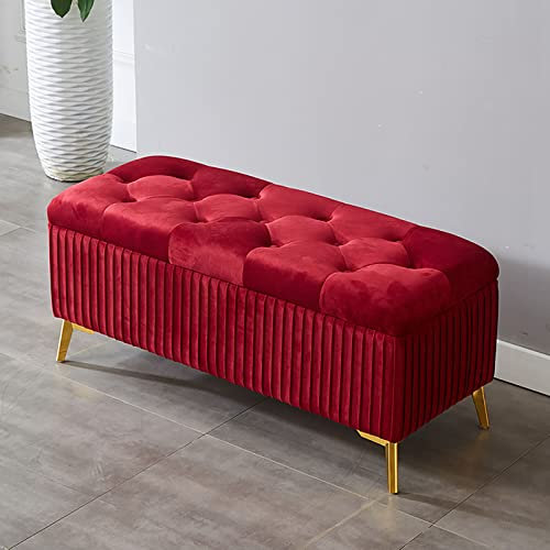 Moderner Samt-Hocker mit Stauraum, Fußhocker, Ottomane, Bank für Wohnzimmer, Schlafzimmer, Rot, 80 x 39 x 45 cm