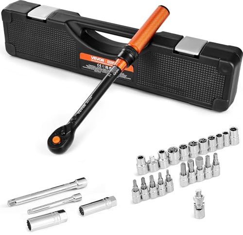 VEVOR Klick-Drehmomentschlüssel Set mit 3/8 Zoll Antrieb 5-60 N.m, Zweiwege-Drehmomentschlüssel mit Stecknüssen & Bohrer & Verlängerung, 72 Zähne ±3% hohe Präzision für Autoreparatur Orange