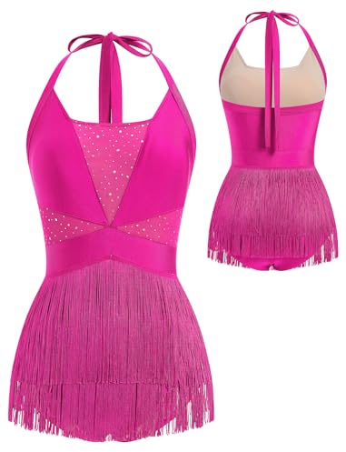FYMNSI Women Jazze Latin Dance Costume Rhinestone Bodysuit Backless Halter V-neck One-piece Glitter Fringe Tassel Jumpsuit Ladies Music Festival Rave Pole Dance Outfit Clubwear Dancewear Hot Pink S