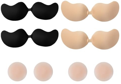 4 Pairs Sticky Bra for Women, Reusable Strapless Push Up and Backless for Large Breasts, Invisible Adhesive Bras Breathable with 2 Pairs Nipple Covers for Party,Wedding, Bar, Beach
