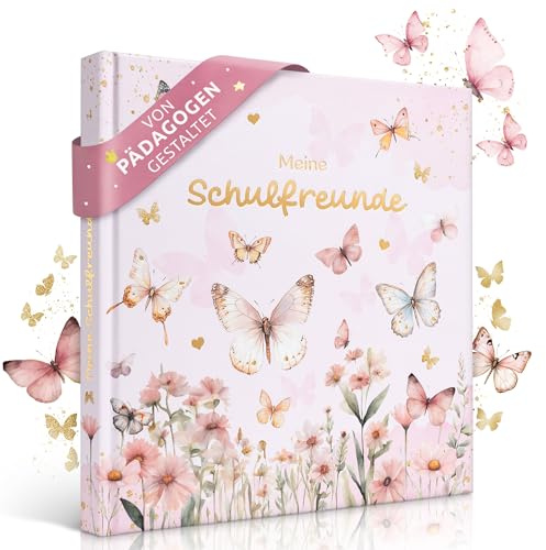 EULENTALER Skolvänskapsboken för flickor fjärilar I designad av pedagoger I handmålade fjärilar och blommor I present till skolning I guldprägling I vänskapsbok grundskola