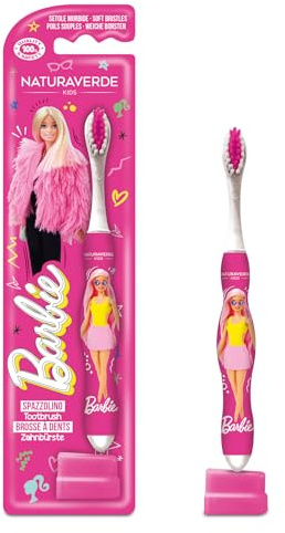 NATURAVERDE Kids -Barbie Spazzolino Manuale a Setole Morbide, Design Divertente per Bambini, Pulizia Delicata