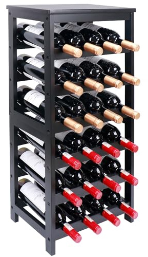 Thalomely Wine Rack Free Standing Floor, 6-Tier 24 Bottles Display Wine Storage Shelves with Table Top, Easy-Assembly Freestanding Bamboo Wine Racks for Kitchen Dining Room Bar, Black
