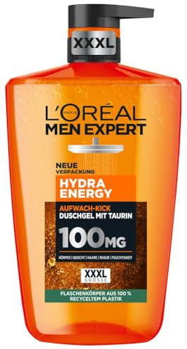Hydra Energy Set aus L'Oréal Men Expert XXXL Duschgel, Augen Roll-On, Vitamin C Serum und XXL Feuchtigkeitspflege – gegen müde Haut mit Vitamin C, Taurin und Koffein