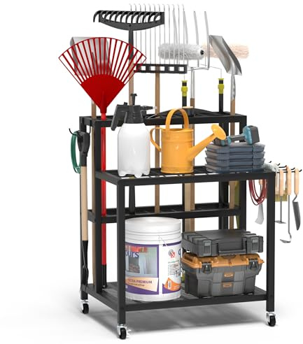 Anvuda Gartenwerkzeug-Organizer für Garage,Metall Yard Tool Stand Halter OrganivAufbewahrungsregal für Garage Gerätehalter Organizer Kohlenstoffstahl Mehrzweck Gartengeräteaufbewahrungsrega mit Rollen