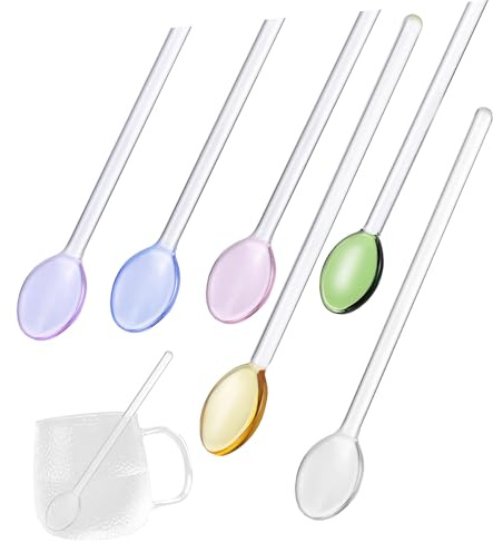 DECOMELODY Cuillères à Mélanger pour Remuer Boissons et Sauces Lot de 6 en Verre Long Manche Plusieurs styles Cuisine ou Pâtisserie